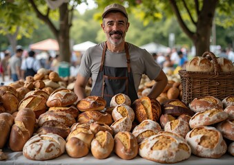 Caucasian male baker at outdoor market stall displaying various artisan breads