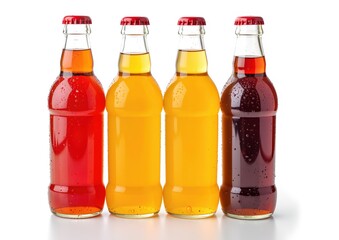 Four assorted bottled beverages in various colors on white background