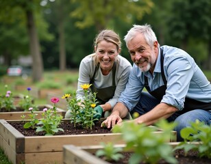 Fototapeta premium Elderly caucasian couple gardening together in a lush park setting