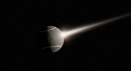 Tennis ball with moon texture flying across dark starry sky, ball is in image of comet or planet with luminous tail. Banner for tournaments and championships, speed and fast serves on court