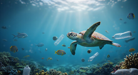 An underwater scene depicting a sea turtle swimming amidst plastic pollution and marine life. The beauty of the ocean and the negative impact of plastic pollution.