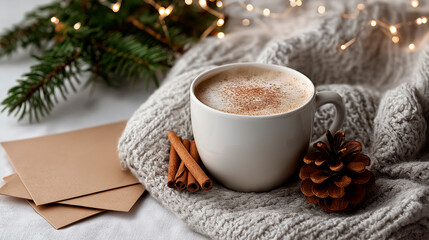 Cozy white mug filled with frothy beverage, surrounded by cinnamon sticks, pine cone, and soft knitted blanket, creating a warm holiday atmosphere with festive lights