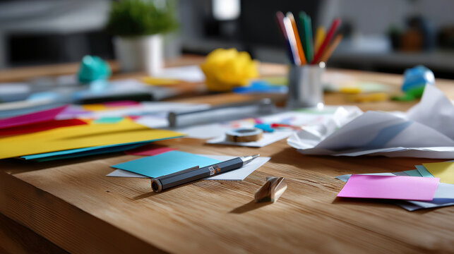 Defocused artistic scene of design tools and paper cutouts arranged on a wooden table, representing creative idea development and knowledge crafting, with copy space