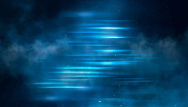 Dark street, asphalt abstract dark blue background, empty dark scene, neon light, spotlights The concrete floor and studio room with smoke float up the interior texture for display products