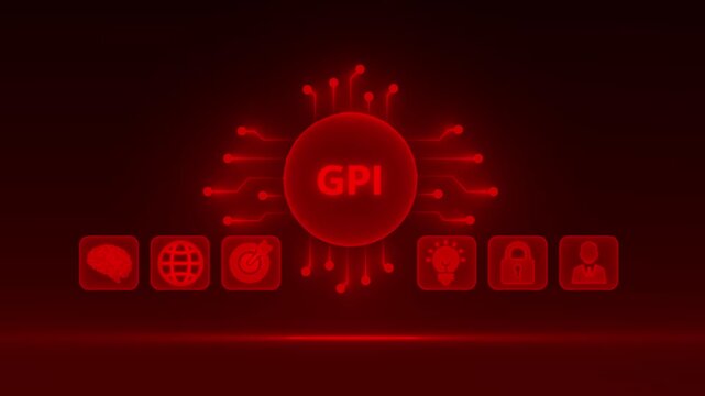 Red glowing digital circuit board with text GPI and icons for brain, globe, target, lightbulb, lock, and person