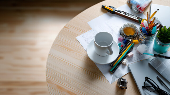 Defocused top view of creative workspace where sketches and tools blend softly, representing the process of learning and innovation through making, with copy space