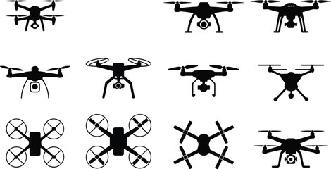 Drone silhouette set, quadcopter icons, aerial technology symbols, black vector illustration, unmanned aircraft shapes, flat style graphic design
