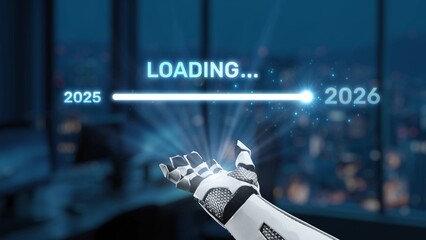 This image captures a futuristic robot hand showcasing a progress bar labeled "loading" from 2025 to 2026, set against a vibrant cityscape background. Synapse