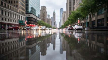 Obraz premium Rainy day in downtown Houston Texas reflecting city buildings and traffic on wet pavement creating a vibrant urban scene