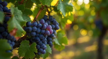 Naklejka premium Clusters of ripe grapes hanging from the vine in a lush vineyard during a sunny day