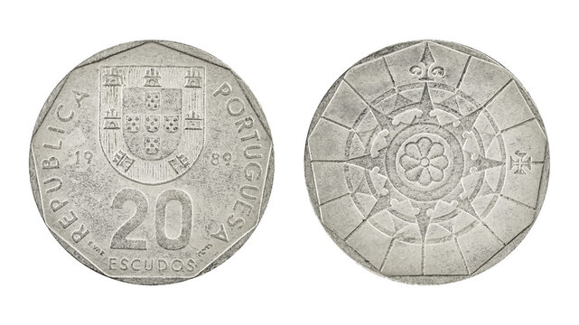 Vintage Portuguese 20 escudos coin from 1989, showing national coat of arms and intricate compass rose design, symbolizing Portugal&rsquo;s heritage, currency history, and collectible numismatics.