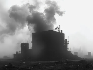 Fototapeta premium Post-apocalyptic black-and-white silhouette of a ruined smoky factory with billowing emissions in a foggy wasteland, evoking dystopian industrial decay and environmental ruin
