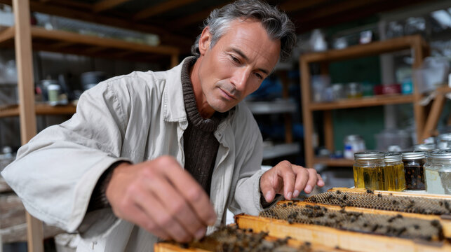 A beekeeper inspects honeycomb frames arranged on a table, carefully studying the bees' activity to ensure the hive's health and productivity in a cozy workshop.