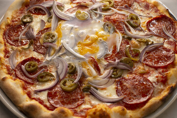 Delicious breakfast pizza, Cheesy egg and spicy pepperoni breakfast pizza, Savory breakfast pizza...