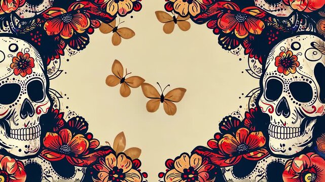 skull and floral pattern with butterflies on beige background. concept of dia de los muertos, mexican tradition, vibrant decoration, festive celebration, copy space