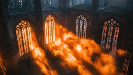 Ornate gothic hall, vibrant stained glass windows, sunbeams piercing through orange smoke - Powered by Adobe