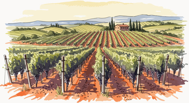 Watercolor Modern Landscape of a Lush Vineyard in the Rolling Hills with a Farmhouse