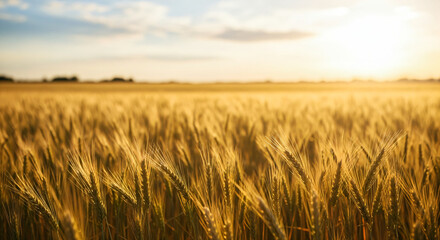 Naklejka premium A wide-angle, slightly low-angle photograph captures a vast field of wheat or barley bathed in the warm, golden light of sunset or sunrise.