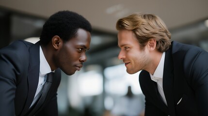 Political representatives in formal suits leaning forward during tense negotiations, symbolizing leadership, persuasion, and the intensity of political dialogue shaping international policy.