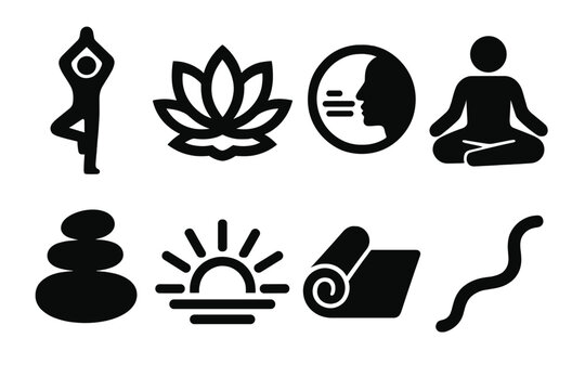 Bold Yoga Icon Set. Yoga Poise silhouette set: tree pose, lotus symbol, breathing circle, meditative figure, balanced stones, sunrise glow, yoga mat, flowing line