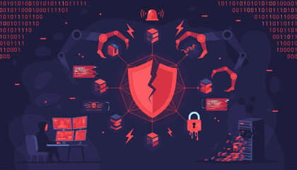 Cyberattack alert and system warning illustration depicting a cracked shield, robotic arms, data breaches, and a hacker monitoring multiple screens, symbolizing digital security threats and network