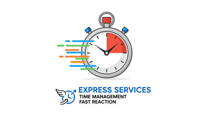 Express Services: A Vivid Vector Illustration of a Stopwatch Symbolizing Time Management and Fast Reaction, with Speed Lines and a Winged Clock Icon, Perfect for Business and Technology Concepts on a