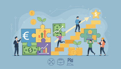 Conceptual illustration of financial growth and investment strategies, depicting people collaborating to build a successful business by assembling puzzle pieces representing currency, charts, and