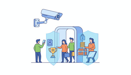 Modern vector illustration depicting a comprehensive security system with a surveillance camera, a secure entryway, people passing through, and symbols of protection like shields, locks, and a