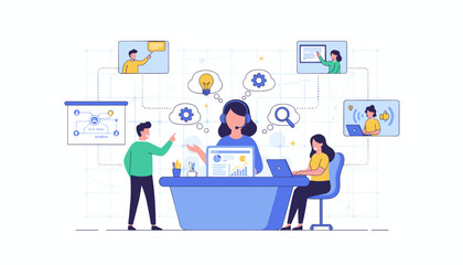 Vivid vector illustration depicting an online assistant working diligently, surrounded by icons representing ideas, search, and collaboration, showcasing a modern approach to customer support and