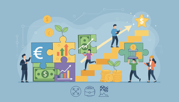 Conceptual illustration of financial growth and investment strategies, depicting people collaborating to build a successful business by assembling puzzle pieces representing currency, charts, and