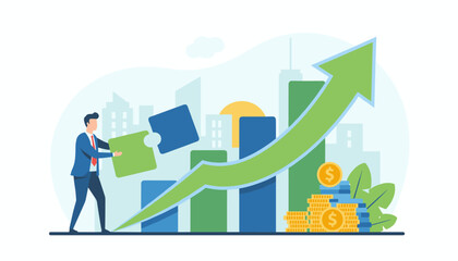 A businessman in a suit strategically places a puzzle piece, symbolizing business growth, investment, and success, against a backdrop of rising bar graphs, a green upward arrow, and city skyline