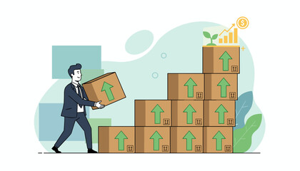 Business growth concept: a businessman in a suit stacks cardboard boxes with upward arrows, symbolizing career improvement, investment, and financial success, with a growth chart and plant on top.