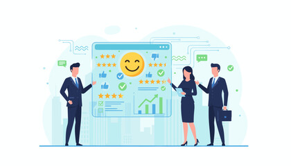 Business professionals analyzing customer feedback and satisfaction metrics on a futuristic virtual interface, showcasing positive reviews, star ratings, and growth charts, representing data analysis