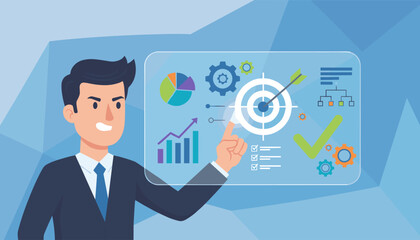 Business strategy planning concept with a man in a suit pointing at a digital screen displaying charts, graphs, target, checklist, and gears, representing successful management and goal achievement