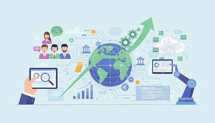 Global business and economic growth concept illustration with a rising green arrow, earth globe, financial icons, customer service team, robotic arm, cloud computing, and data analysis charts
