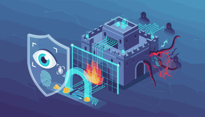 Isometric illustration of a digital castle under cyber attack, featuring biometric security elements like fingerprints and an eye, alongside a shopping cart, coins, and a firewall, symbolizing data