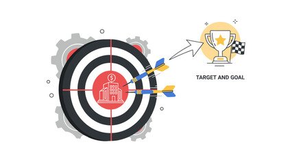 Conceptual illustration of business success, showing darts hitting a bullseye target with a building and dollar sign, leading to a trophy and checkered flag, symbolizing achievement and opportunity.