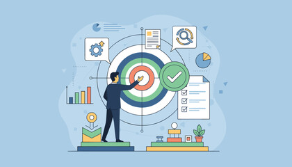 Business strategy planning concept with a man in a suit reaching for a target, surrounded by icons representing analytics, goals, checklists, and gears, symbolizing successful project management and