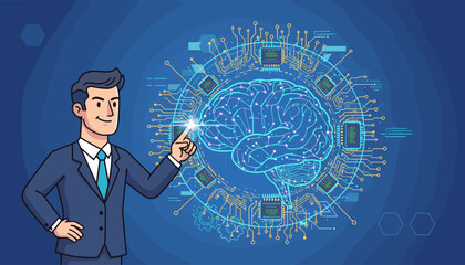 Dynamic illustration of a businessman in a suit pointing at a glowing, intricate AI neural network, symbolizing artificial intelligence, machine learning, and technological innovation, set against a
