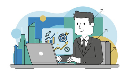 Modern flat illustration of a businessman in a suit analyzing financial data on a laptop, with charts, graphs, a rocket, a target, and city skyline in the background, symbolizing growth, success, and