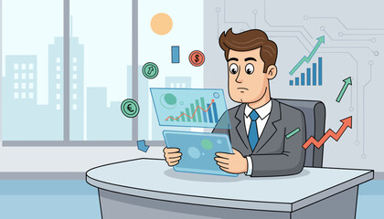 A focused businessman in a suit analyzes market data and financial charts displayed on a futuristic holographic interface and tablet, with currency symbols and upward trending graphs floating around
