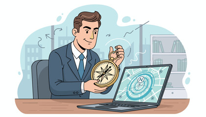 A smiling businessman in a suit sits at a desk, holding a vintage brass compass in his hands, with a laptop screen displaying a digital map and navigation interface, symbolizing business strategy