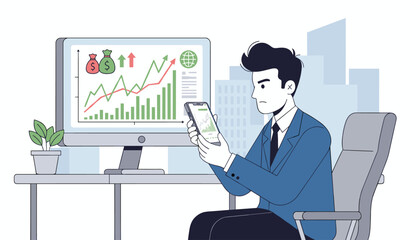 Focused businessman in a blue suit analyzing stock market data on his smartphone, with a desktop computer displaying financial charts and graphs in a modern office setting, symbolizing investment and
