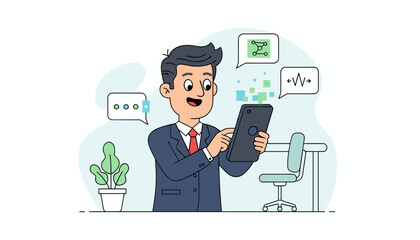 Modern businessman in a suit actively engaged with his smartphone, surrounded by abstract digital elements and communication bubbles, symbolizing connectivity and business operations in a