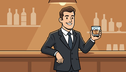 Smiling businessman in a dark suit holding a glass of whiskey with ice, standing at a polished wooden bar with bottles and glasses on shelves in the background, under warm lighting, conveying a sense