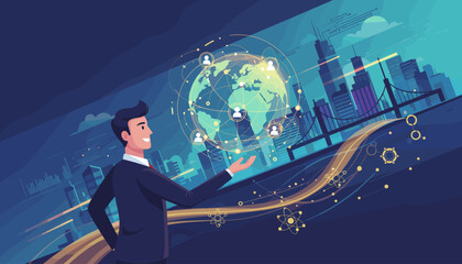 Dynamic businessman in a suit presenting a glowing holographic globe with interconnected user icons, symbolizing global network and data connections, set against a futuristic cityscape with abstract