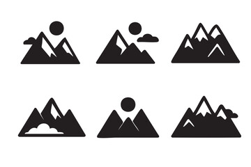 Six black silhouette icons depicting various mountain ranges with clouds and sun in different minimalistic styles.
