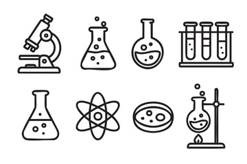 Obraz premium Black outline icons of laboratory equipment including microscope, flasks, test tubes, atomic symbol, petri dish, and boiling flask on a stand.