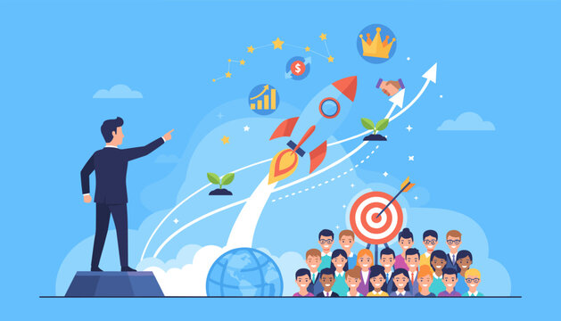 Dynamic business startup concept illustration featuring a determined businessman pointing towards a soaring rocket, symbolizing growth and success, with a diverse team of professionals looking on, a