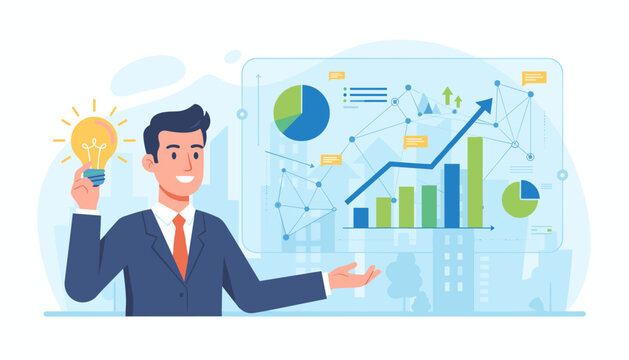 Vibrant illustration of a businessman holding a glowing light bulb, symbolizing innovation and new ideas, while presenting a digital dashboard with financial charts, graphs, and data analytics
